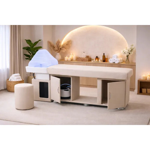 Beige Head Spa Liege mit Keramik-Waschbecken im Salon, entspannte Kopfhaut-Wellness-Atmosphäre