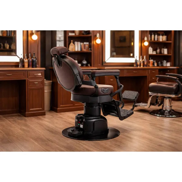 Barber chair VOLT Braun with electric height adjust and footrest, foldable, premium comfort for barbershops.