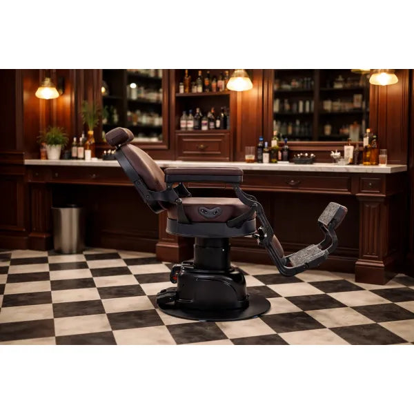Barber chair VOLT Braun with electric height adjustment, foldable footrest, premium comfort for barbershops