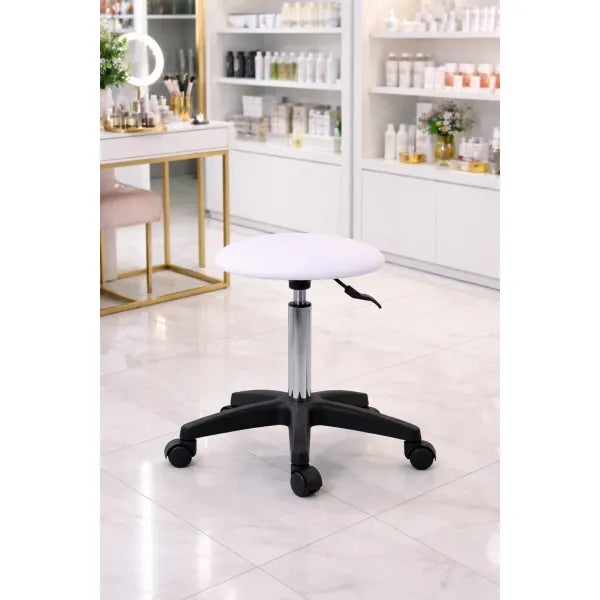Cosmetic rolling stool Pedi, ergonomic height-adjustable seat with wheels in a bright salon.