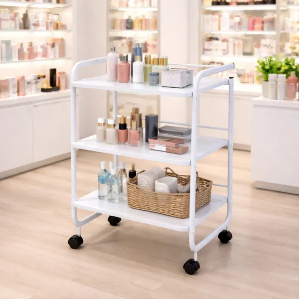 Weelko Aidy WKT903 wooden cosmetic cart with 3 shelves on wheels in a salon