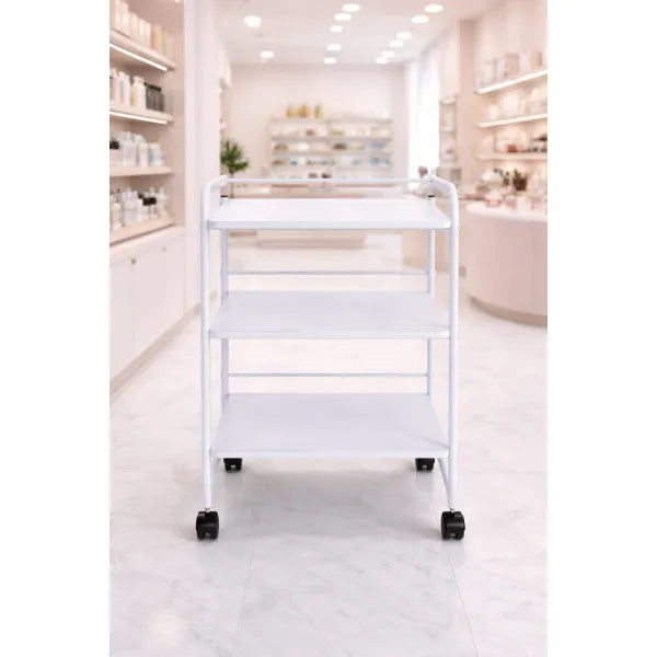 Weelko Aidy WKT903 wooden cosmetic cart on wheels with three shelves for beauty studios.