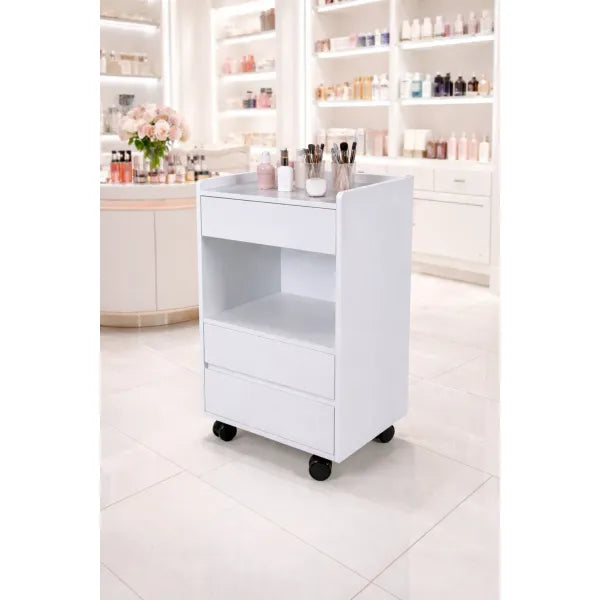 White wooden cosmetic rolling cart with drawers and open shelf, Tocky WKT901, salon organizer on wheeled base