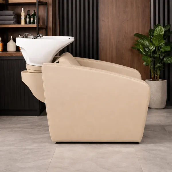 Beiges Friseurwaschbecken Elune mit Rückwärtswaschbecken, Massagefunktion und elektrischer Fußstütze