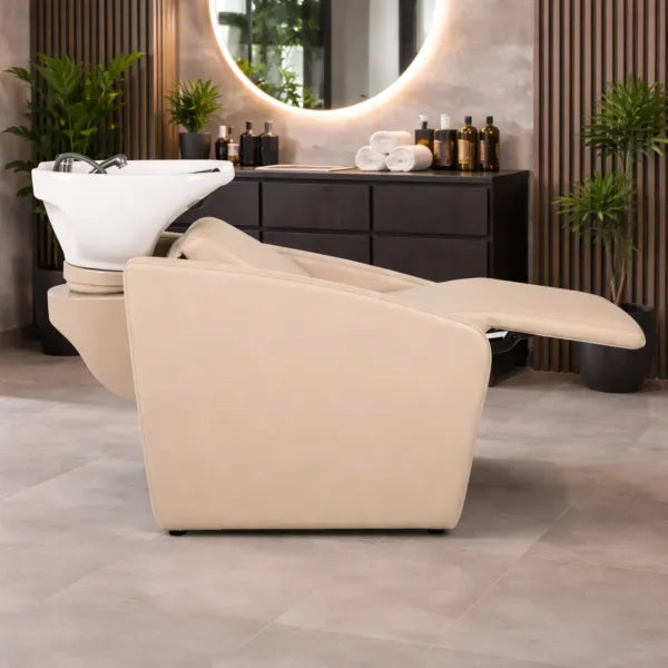 Beiges Friseurwaschbecken Elune mit Massagefunktion, Rückwärtswaschbecken und elektrisch Fußstütze