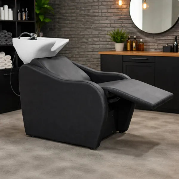 Velaris Air Rückwärtswaschbecken schwarzer Friseurstuhl mit elektrisch verstellbarer Fußstütze und Massagefunktion