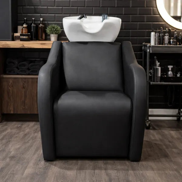 Velaris-Air Rückwärtswaschbecken für Friseure in Schwarz mit elektrisch verstellbarer Fußstütze und Massagefunktion