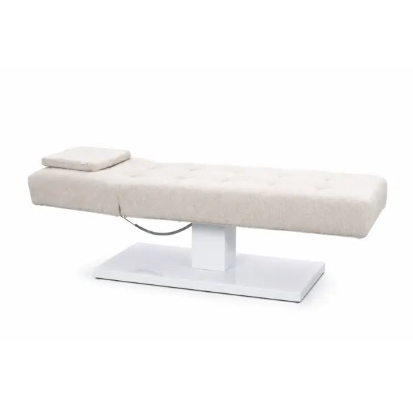 FLAT ELEMENT Elektrische Massageliege, beige gepolsterte Liegefläche mit Kopfkissen und weißer Basis