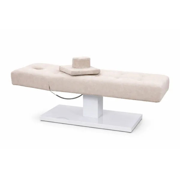 FLAT ELEMENT elektrische Massageliege mit beiger Polsterung, Loch für Gesicht, auf weißem Standfuß
