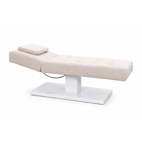 Beige gepolsterte FLAT ELEMENT Massageliege mit Kopfkissen, elektrischer Motor, weißem Standfuß