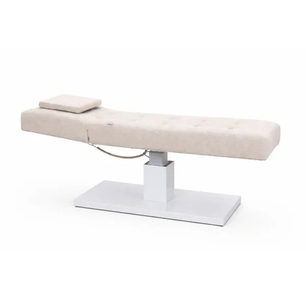 FLAT ELEMENT Elektrische Massageliege, beige auf weißer Plattform, 1 Motor, Kopfkissen, minimalistische Polsterung