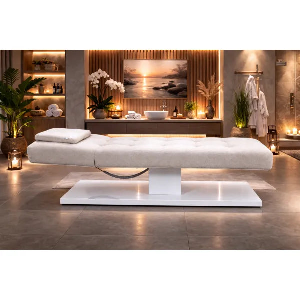 FLAT ELEMENT Elektrische Massageliege mit 1 Motor, individuelle Polsterung – Spa-Ambiente mit warmem Licht.