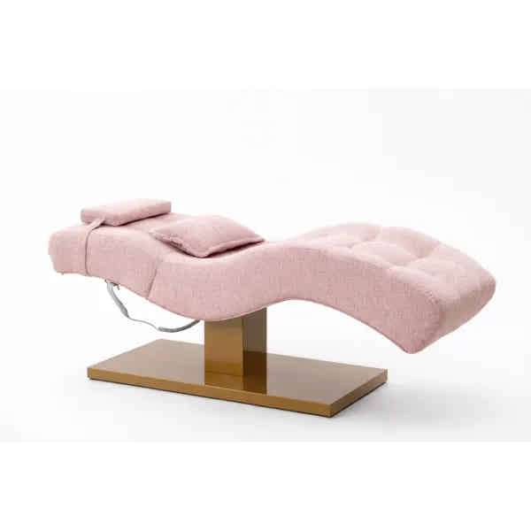 Premium Elektrische Massageliege ELEMENT mit rosa Polsterung, 1 Motor, verstellbar, Recliner-Design auf goldener Basis.