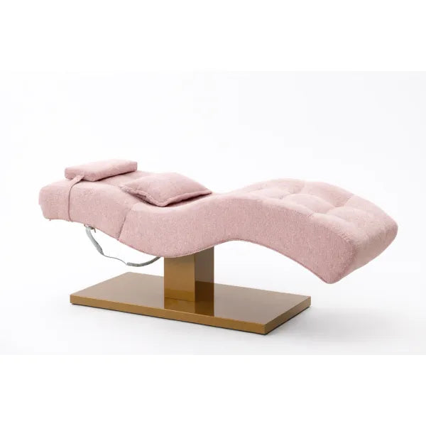 Premium Elektrische Massageliege ELEMENT mit rosa Polsterung, 1 Motor, verstellbar, Recliner-Design auf goldener Basis.