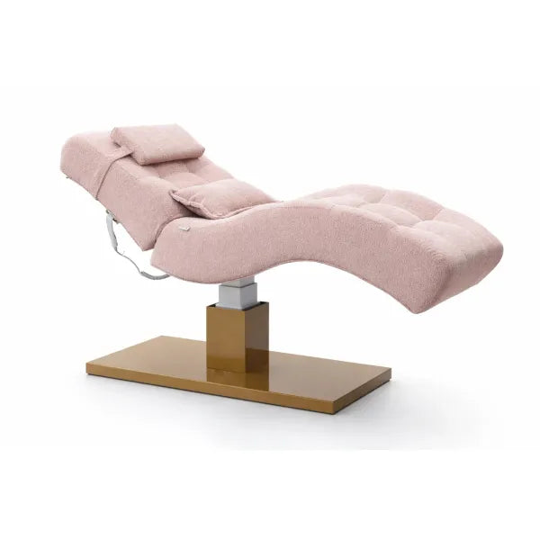 Rosafarbene Premium-Elektrische Massageliege ELEMENT mit gepolsterter Liegefläche auf goldener Basis