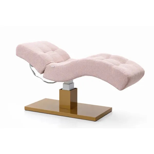 Premium Elektrische Massageliege ELEMENT mit pinkem Bouclé-Bezug, 1 Motor, individuelle Polsterung, goldener Standfuß