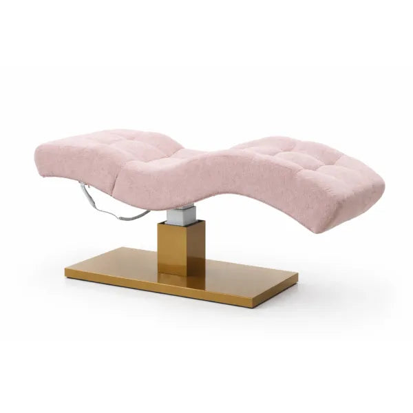 Premium Elektrische Massageliege ELEMENT mit rosa Polsterung, verstellbarer Liegefläche und goldener Basis