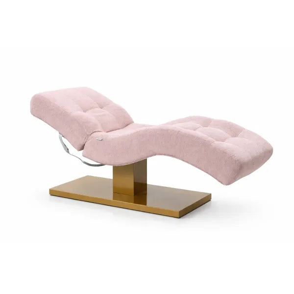 Premium elektrische Massageliege ELEMENT mit pinkem Bezug, verstellbar, 1 Motor, elegantes goldenes Untergestell.