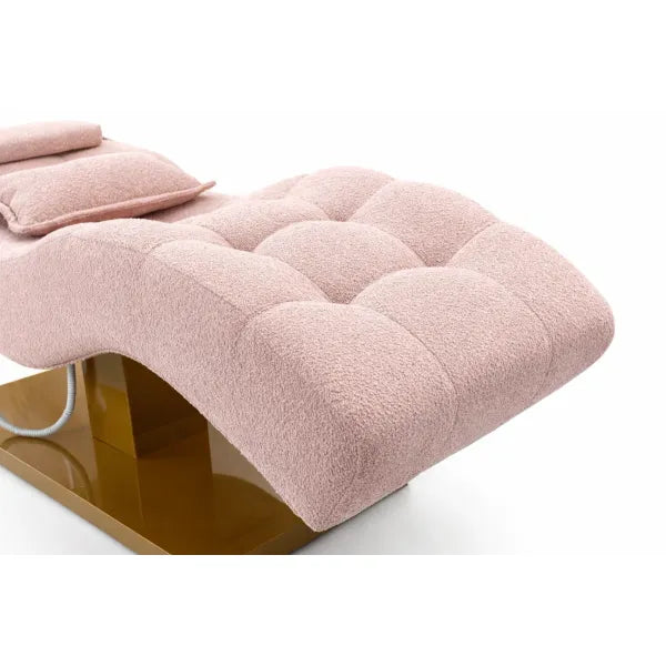 Premium Elektrische Massageliege ELEMENT mit roséfarbener, tuftierter Liegefläche und goldener Basis