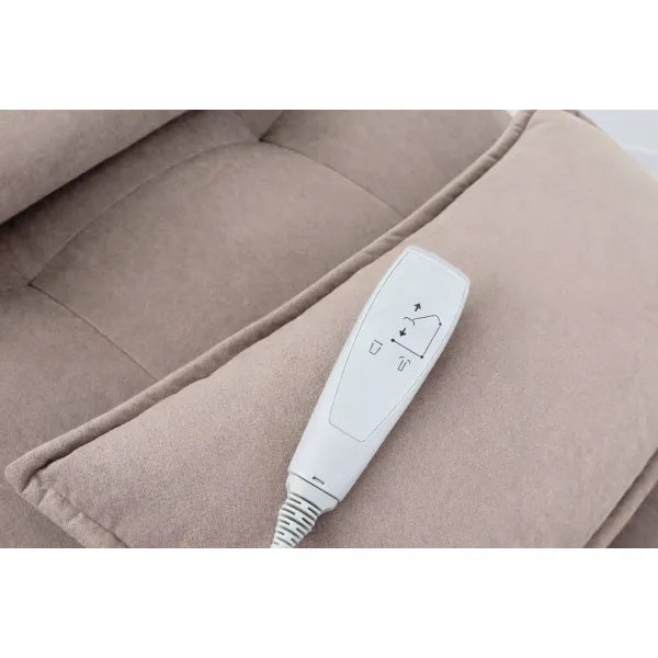 Fernbedienung für zweimotorige elektrische Kosmetikliege mit beigem Polsterbezug.