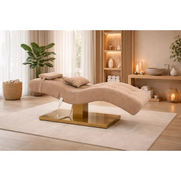 Elektrische Kosmetikliege mit 2 Motoren, beiges Polster, individuelle Polsterung – Spa & Wellness