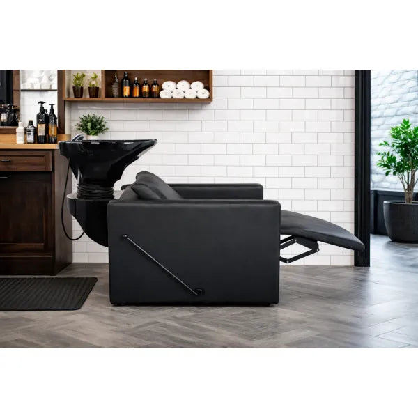 Friseurwaschbecken PEEK+ Rückwärtswaschbecken mit manueller Fußstütze - moderner Salon, schwarze Ausführung