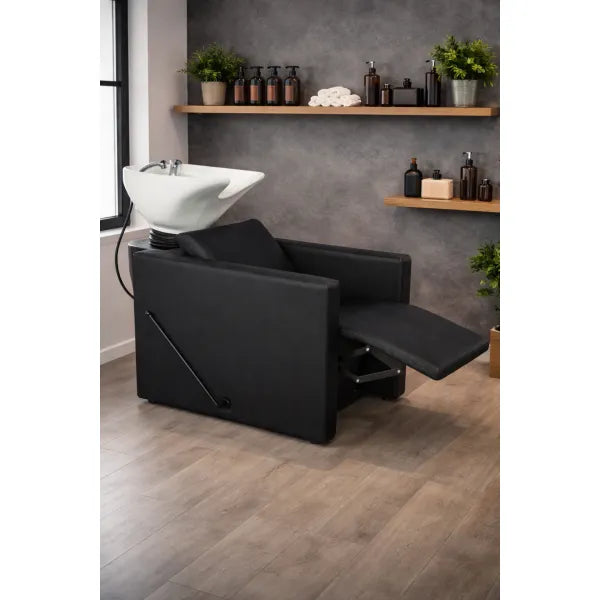 Friseurwaschbecken PEEK+ mit manueller Fußstütze – Rückwärtswaschbecken für maximalen Komfort im Salon