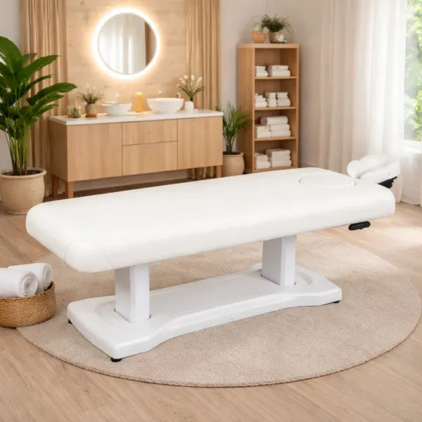 Elektrische Massageliege Isom in Weiß PU – Luxus Spa-Liege mit 2 Motoren, Premium-Komfort für Behandlungen.