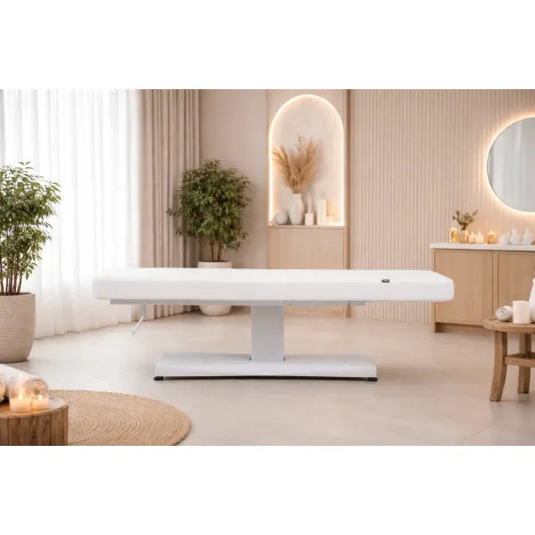 Elektrische Massageliege Hern+ mit 1 Motor, höhenverstellbar, weiße Kosmetikliege für Spa & Wellness.