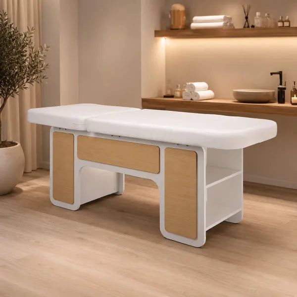 INDUS spa cosmetic bed with hydraulic backrest and storage shelves - white/oak