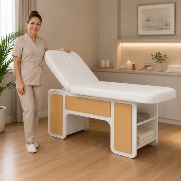 INDUS spa bed with hydraulic backrest and storage shelves, white with oak panels, in a professional treatment room.