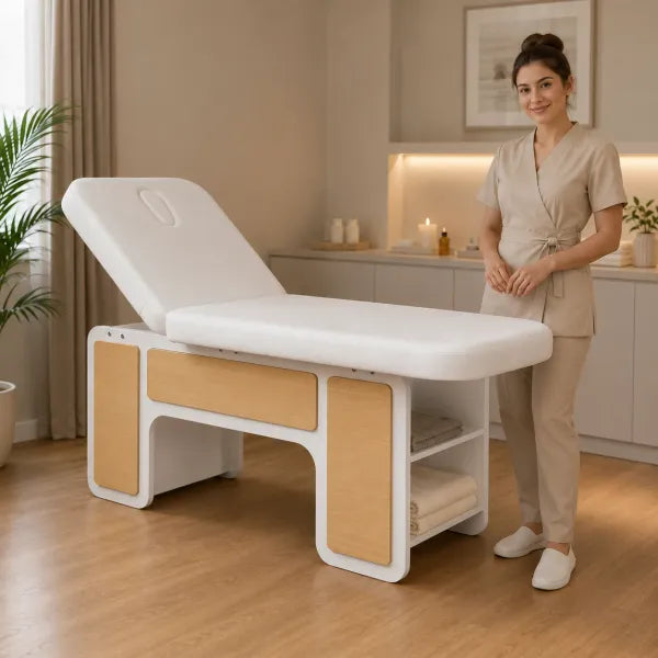 INDUS Spa cosmetic bed with hydraulic backrest and storage shelves in white and oak; spa professional beside it.