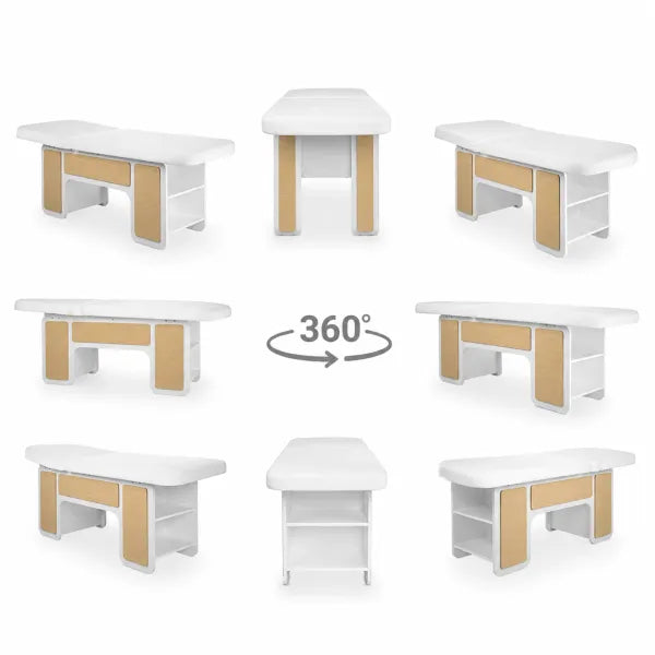 INDUS spa cosmetic bed with hydraulically adjustable backrest and storage shelves, white with oak accents.