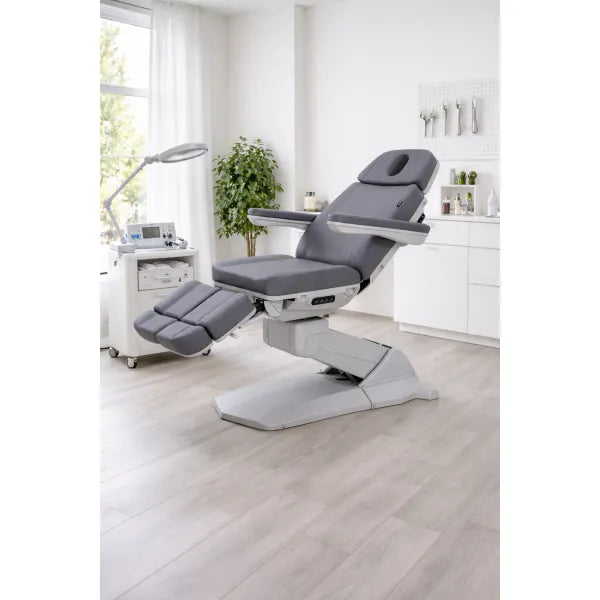 Elektrisch drehbarer Fußpflegestuhl MEDIAL+ mit 3 Motoren, grau, Podologiepraxis.