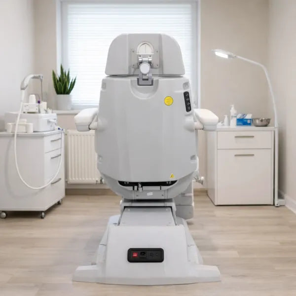 Elektrisch drehbarer Fußpflegestuhl MEDIAL+ mit 3 Motoren – Premium Podologie Behandlungsstuhl in Praxis.