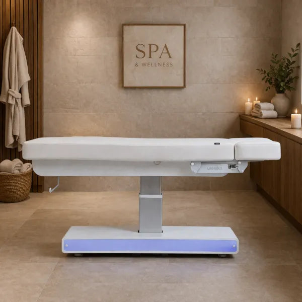 Elektrische Massageliege NUSH+ mit drei Motoren in Weiß, Spa-Kosmetikliege im Wellness-Raum