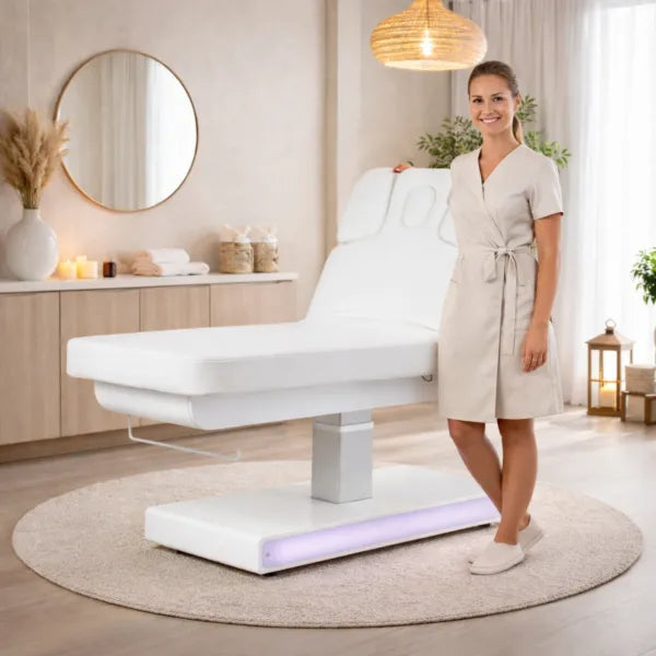 Weiße Elektrische Massageliege NUSH+ mit drei Motoren, Spa- und Kosmetikliege, Premium-Komfort im Behandlungszimmer