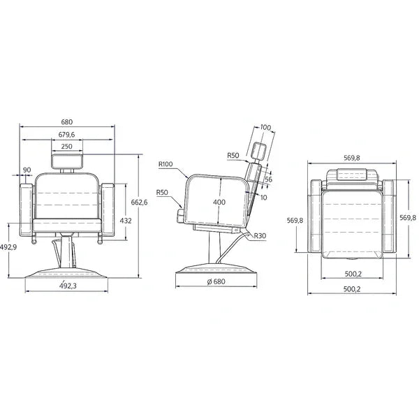 Technische Zeichnung des Friseurstuhls Noor mit verstellbarer Rückenlehne, PU-Leder, hochdichtem Schaumkern, Metallbasis.