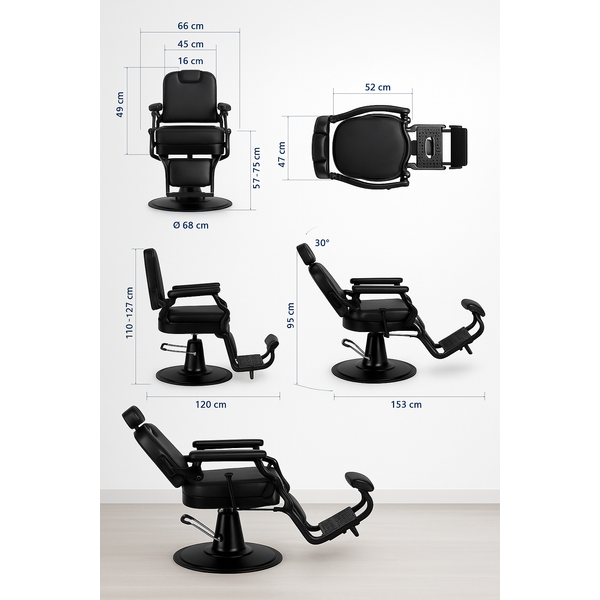 Barberstuhl Mark-B Schwarz, luxuriöser Herrenfriseurstuhl im Vintage-Design mit verstellbarer Sitzhöhe und Fußstütze