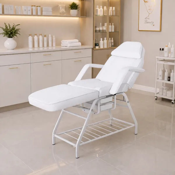 Domix Kosmetikliege 3-teilig, manuelle Behandlungsliege mit Stauraum, weiße Studio-Massagebank
