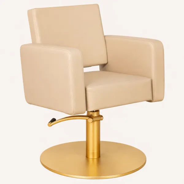 Friseurstuhl Flirty – eleganter Profi-Friseurstuhl mit Hydraulikpumpe, beiger Bezug, goldener Rundfuß.