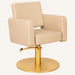 Friseurstuhl Flirty – eleganter Profi-Friseurstuhl mit Hydraulikpumpe, beiger Bezug, goldener Rundfuß.