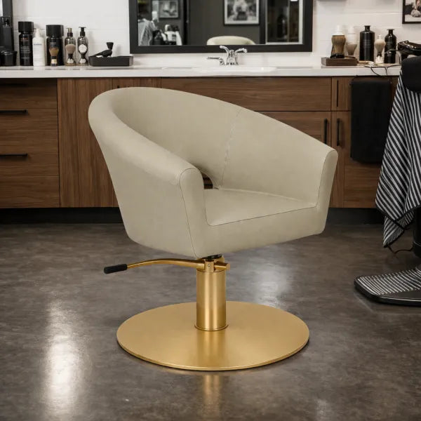 Friseurstuhl Cosmo – Luxuriöser, eleganter Salonstuhl in Beige mit goldener Rundbasis, Profi-Qualität