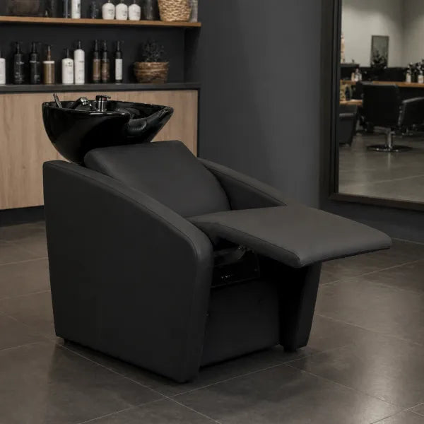 Schwarzer ELUNE AIR Rückwärtswaschsessel mit Massage und Waschbecken – Premium Komfort Waschplatz