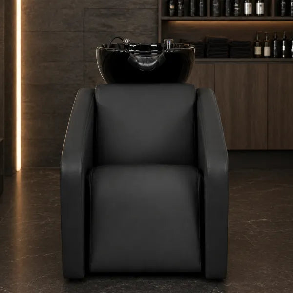 Schwarzer ELUNE AIR Rückwärtswaschsessel mit Massage und Waschbecken – Premium Waschplatz im Friseursalon