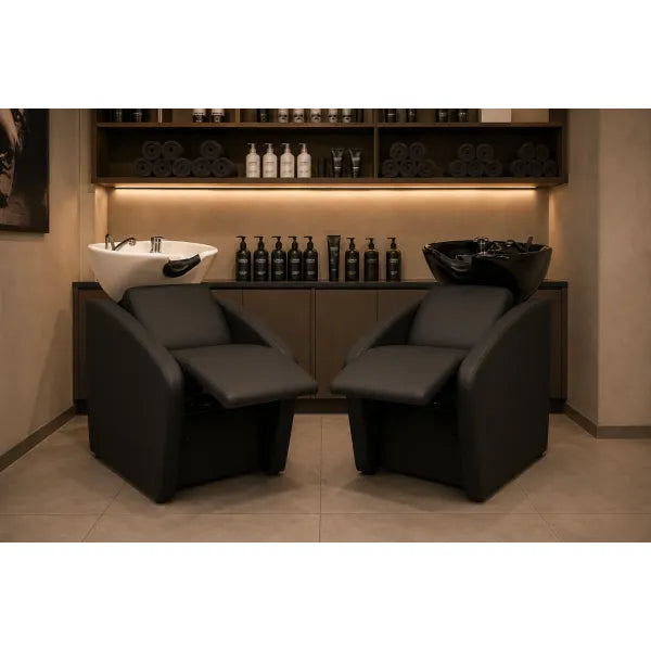 Friseur Waschbecken mit Massage – ELUNE AIR Rückwärtswaschsessel Schwarz | Premium Komfort Waschplatz