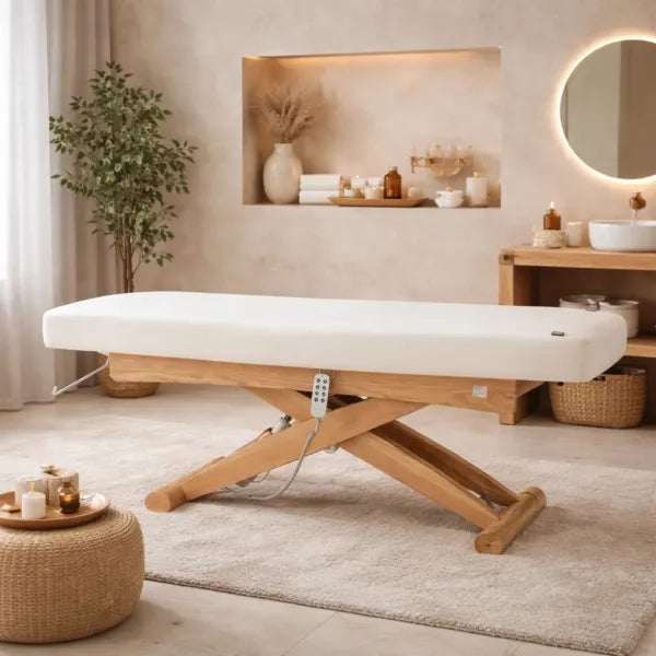 Elektrische Massageliege CYX+ mit 3-Motoren, weiße Premium-Kosmetikliege auf Holzgestell in Spa-Umgebung
