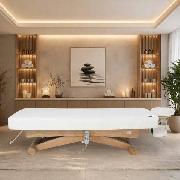 Weiße CYX+ Premium Kosmetikliege: Elektrische Massageliege mit 3-Motoren-Technik in modernem Spa-Studio