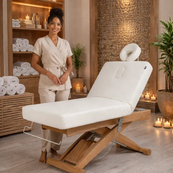Elektrische Massageliege CYX+ Premium Kosmetikliege Weiß mit 3 Motoren Holzbasis Spa-Setting Therapeutin daneben.