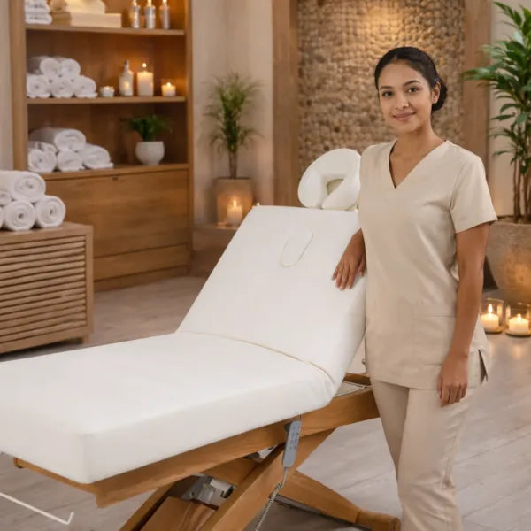Mitarbeiterin im Kosmetikstudio neben weißer CYX+ 3-Motoren Massageliege – Premium Kosmetikliege